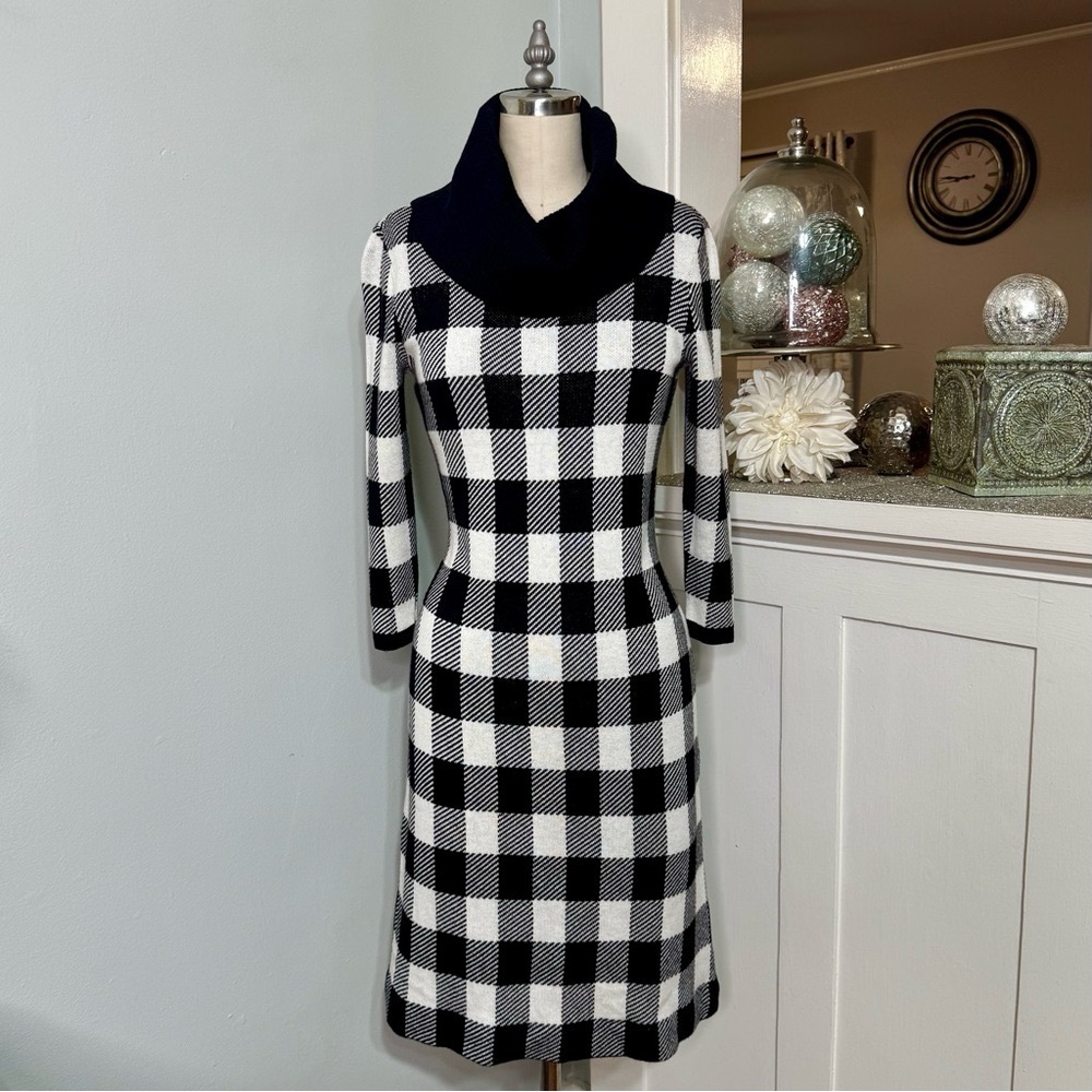 Talbots Cashmere Blend Buffalo Plaid Sweater Dress Black White Size P XS - Picture 2 of 12